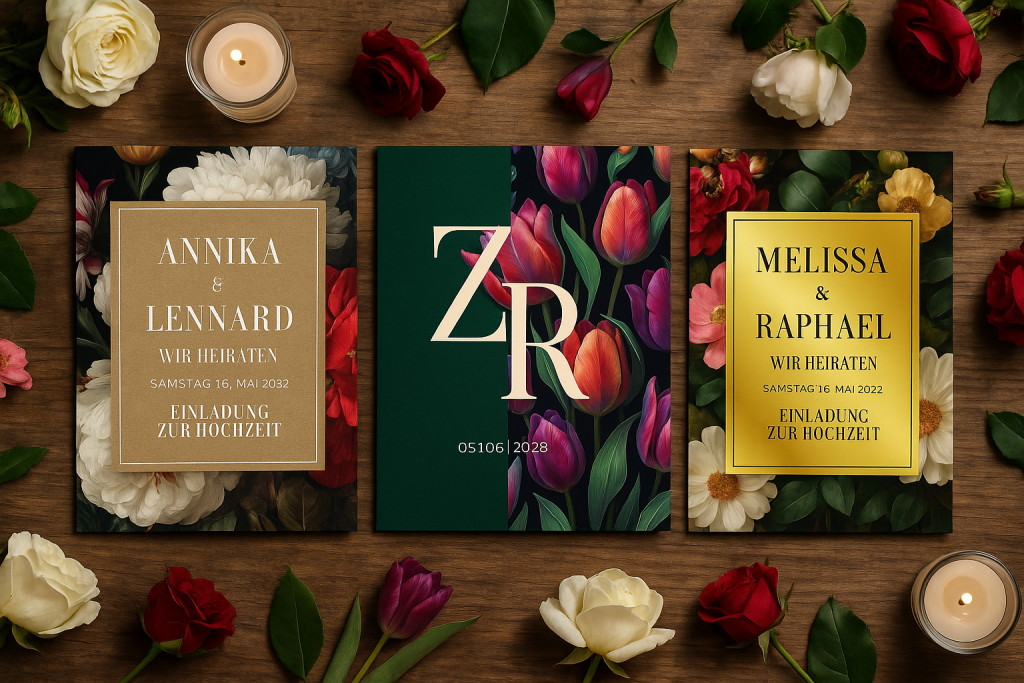 drei verschiedene Einladungskarten mit Blumendesigns